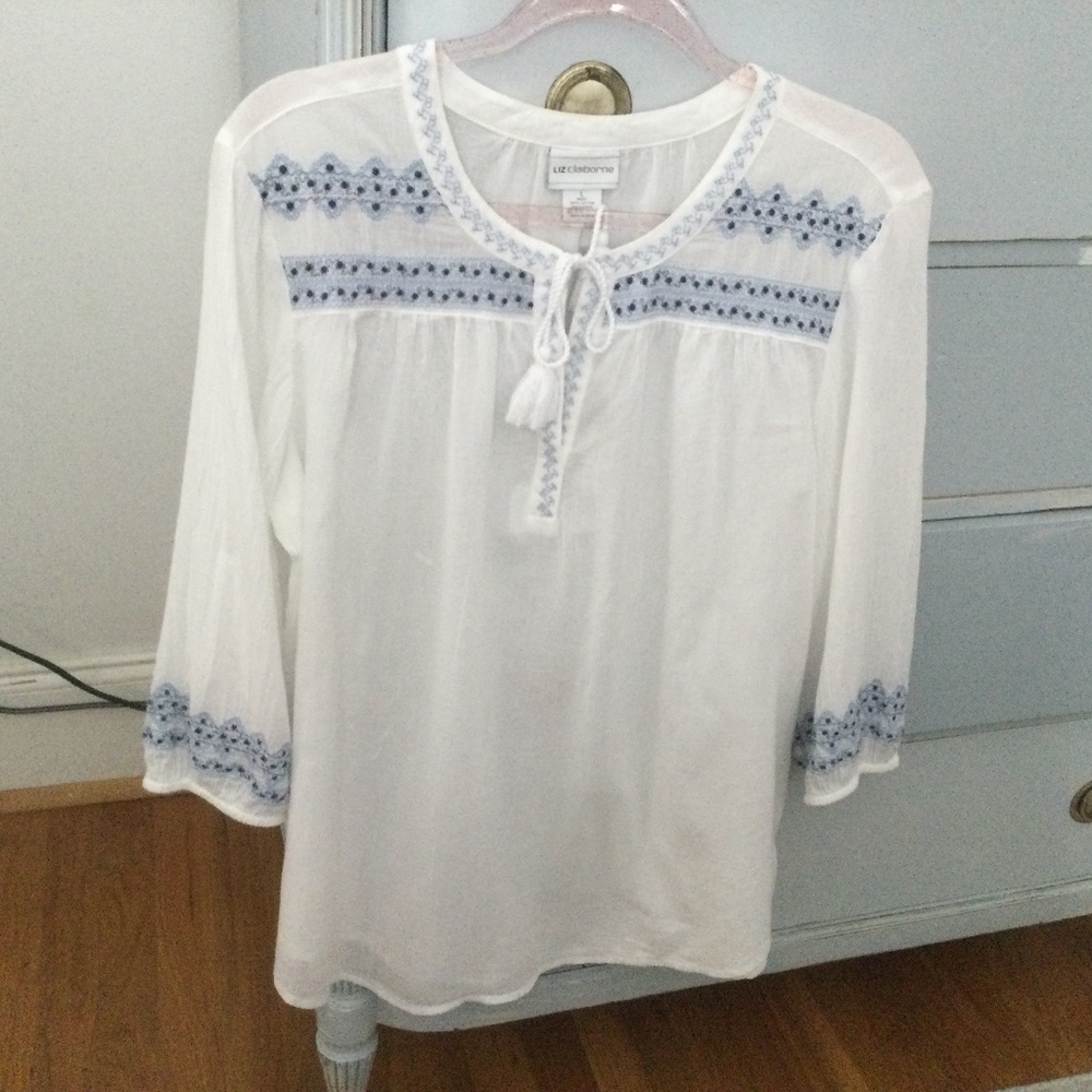 Liz Claiborne Boho Style Top White w Blue Embroidery  L